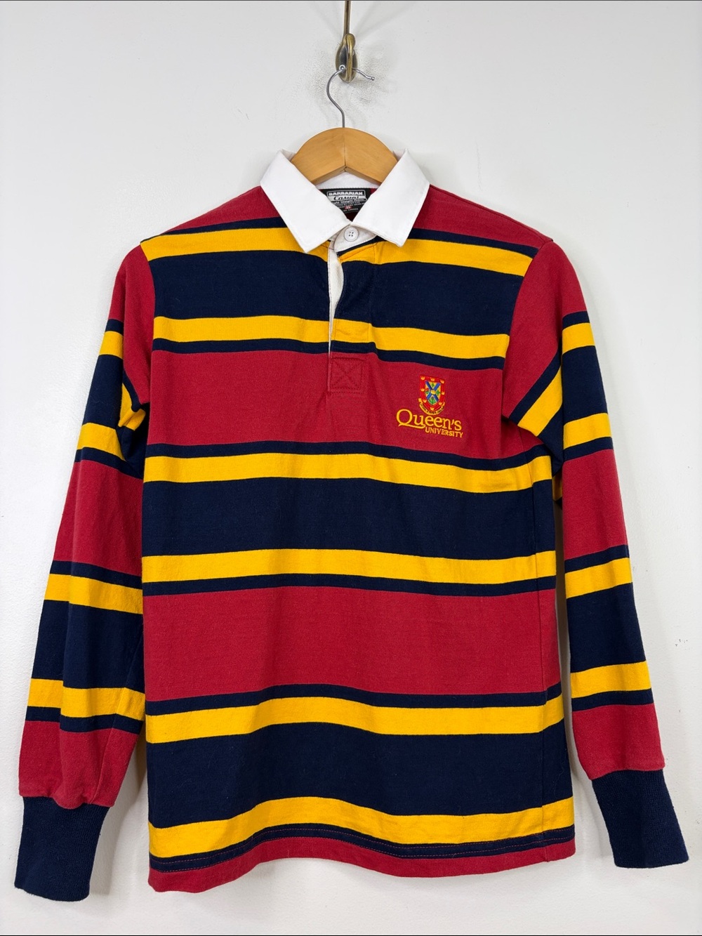 Barbarian Rugby Casuals Shirt Mens XS Queens University Red Blue Stripe Polo